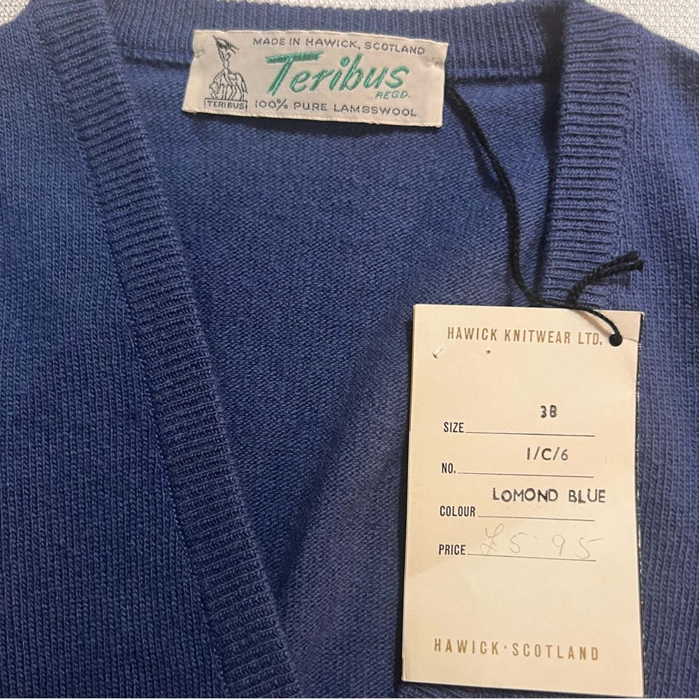 Vintage Hawick Scotland Teribus Fine Wool V Neck Sweater M (38) New w tag. Blue - Picture 3 of 9